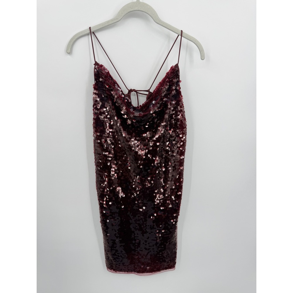 Wild Fable Sequin Cowl Neck Mini‎ Dress Womens L Burgundy Sparkly Party Tie Back